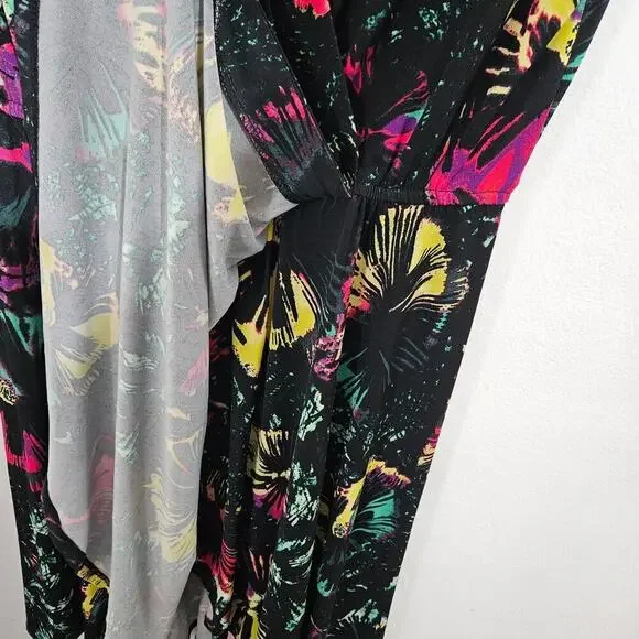 BCBGMaxAzria Sleeveless V-Neck Stretch Colorful Floral Faux Wrap Dress Sz Medium - Picture 4 of 7